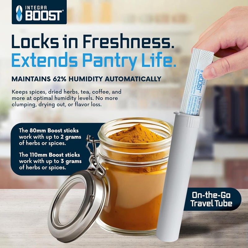 Integra Boost 2-Way Humidity Control Sticks – 62% RH Moisture Packs to Preserve Flavor & Freshness – Includes 98mm White Squeeze Top Tubes – Patented Technology – 20 Count Moisture Pack Set - Image 2